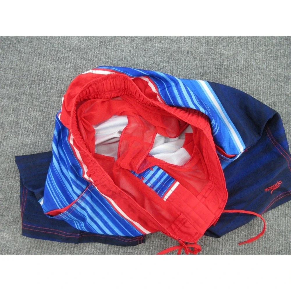 Speedo Mens Swim Trunks Regular Blue Red Striped Mesh Liner L